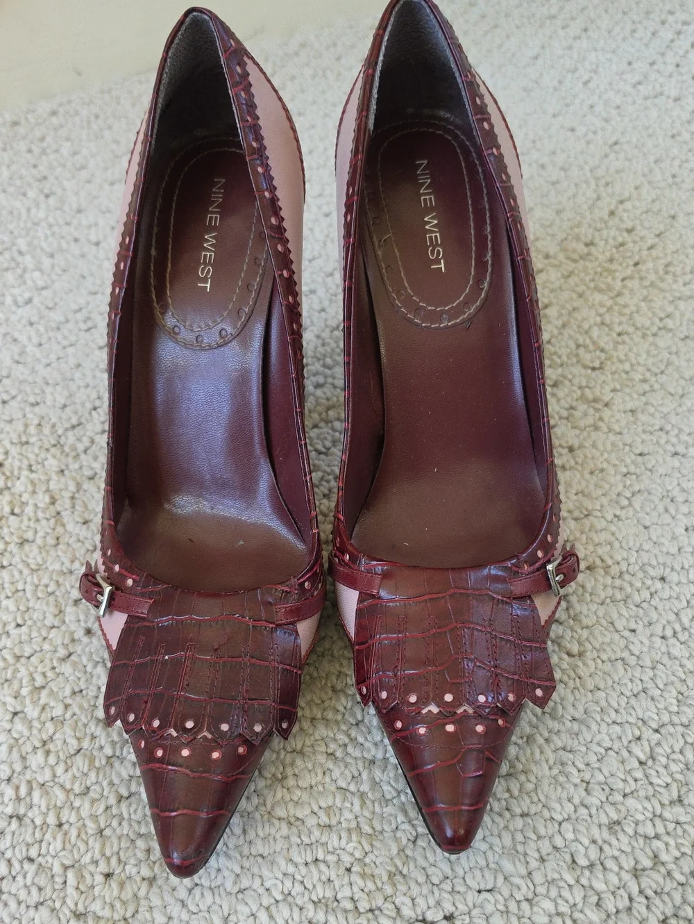 Nine West Burgundy Croc-Embossed Pointed-Toe Heels with Fringe